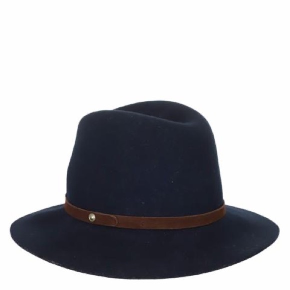 Rag & Bone Navy Blue Felted Wool Brow Leather Strap Fedora Hat EUC Size Medium